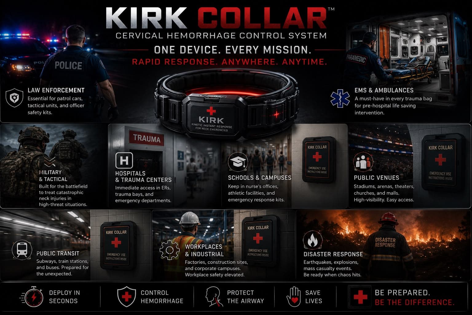 KIRK Collar application contexts: law enforcement, EMS and ambulances, military and tactical, hospitals and trauma centers, schools and campuses, public venues, public transit, workplaces and industrial, and disaster response