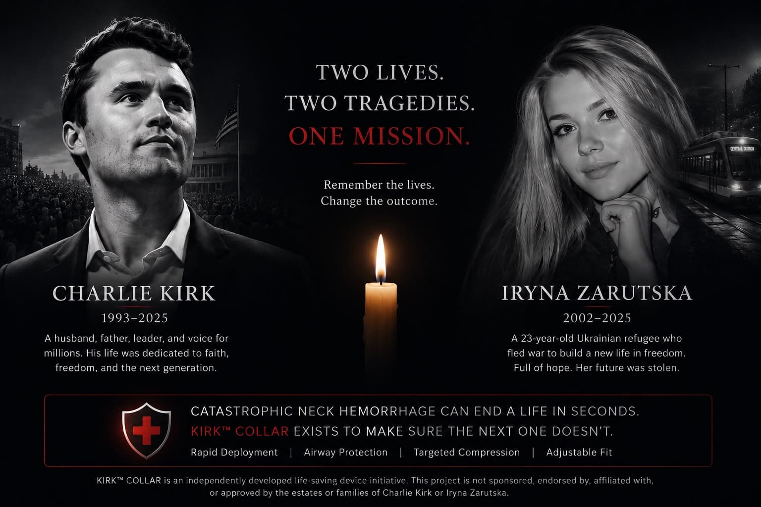 Memorial portraits of Charlie Kirk (1993–2025) and Iryna Zarutska (2002–2025), with the line: Two lives. Two tragedies. One mission. Remember the lives. Change the outcome.