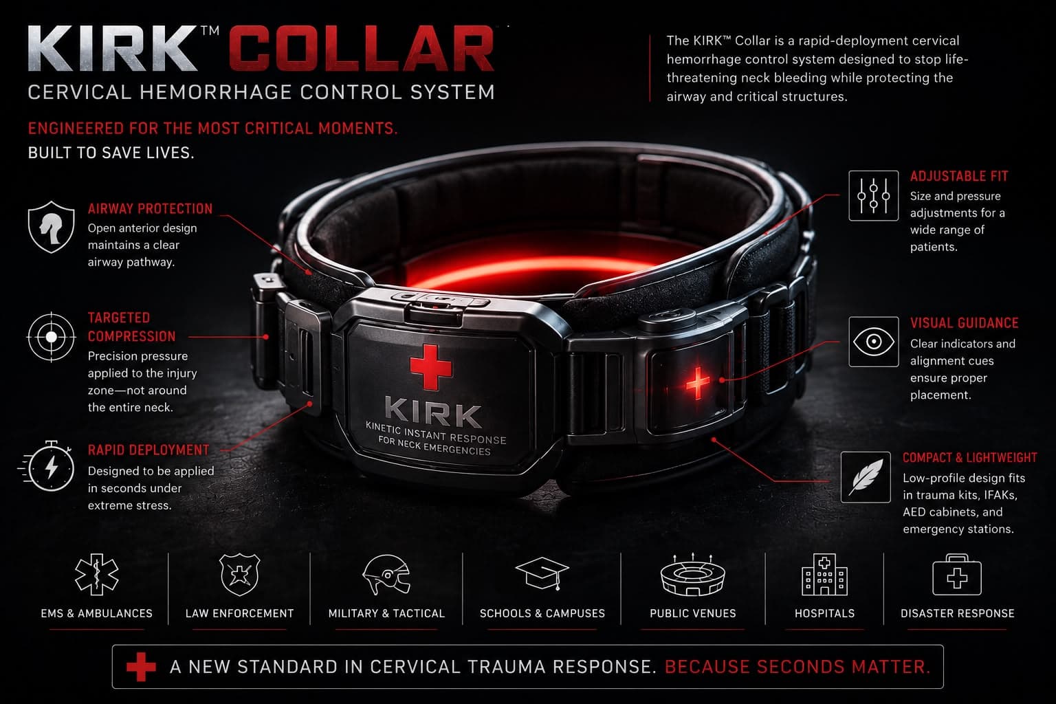 KIRK Collar product render with callouts for airway protection, targeted compression, rapid deployment, adjustable fit, visual guidance, and compact and lightweight design